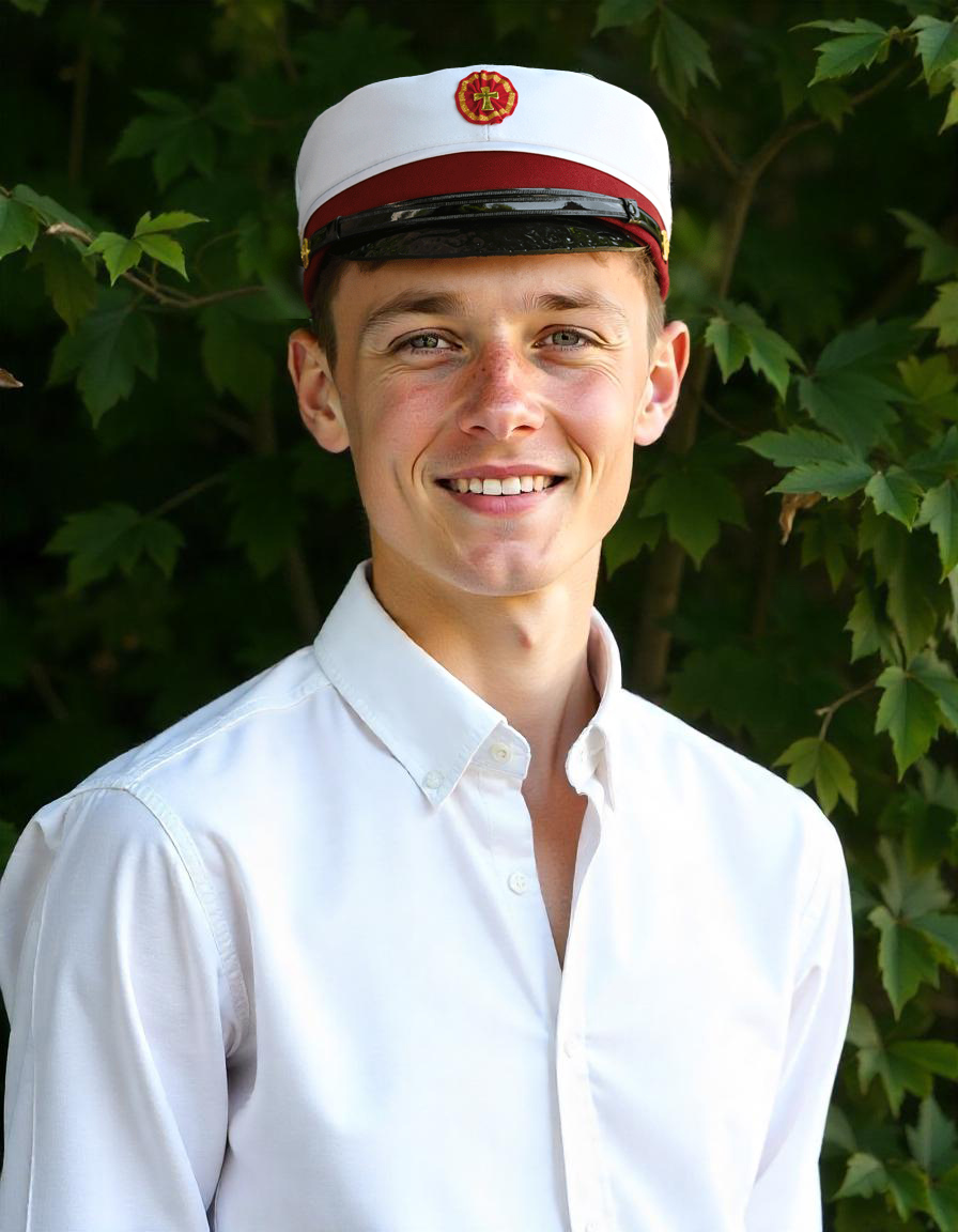 Smilende ung mand iført en hvid skjorte og studenterhue, fotograferet udendørs med grønne blade i baggrunden – perfekt som en mindeværdig studentergave.